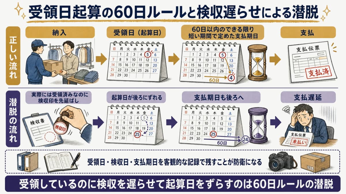受領日から起算する製造委託代金の60日ルールと、検収を遅らせて起算日を後ろにずらす潜脱の仕組みを示した図