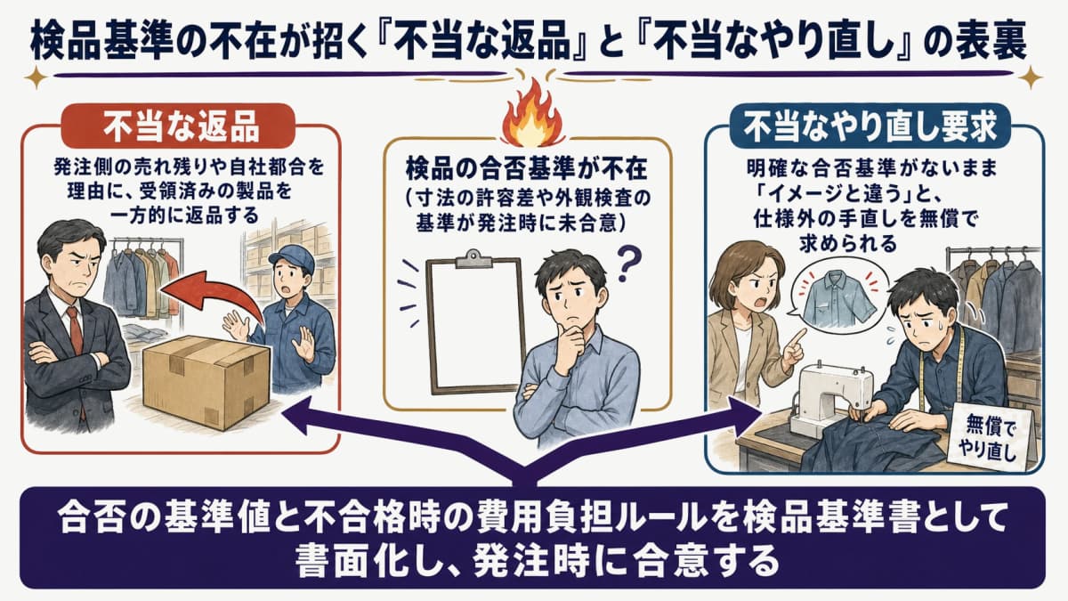 検品の合否基準が不在だと、不当な返品と不当なやり直し要求の双方を招く表裏の関係を示した図