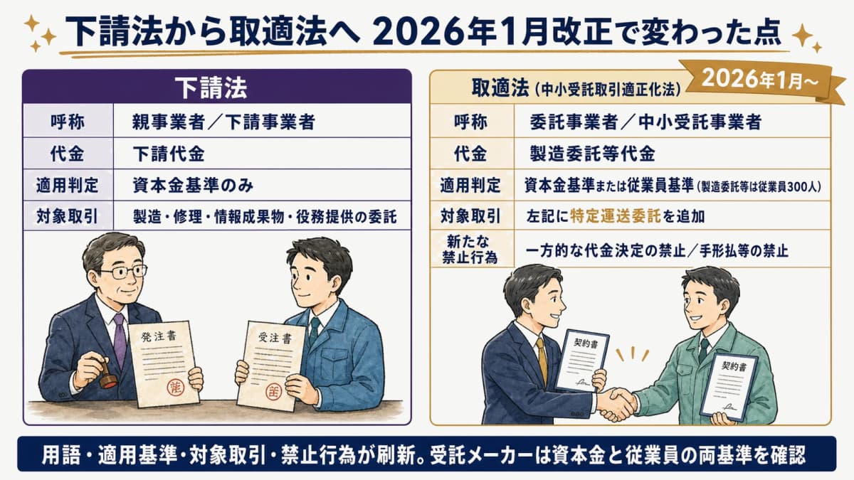アパレルOEM/ODM受託における下請法から取適法への改正前後の変化を用語・適用基準・対象取引・禁止行為の4点で対比した早見表イラスト