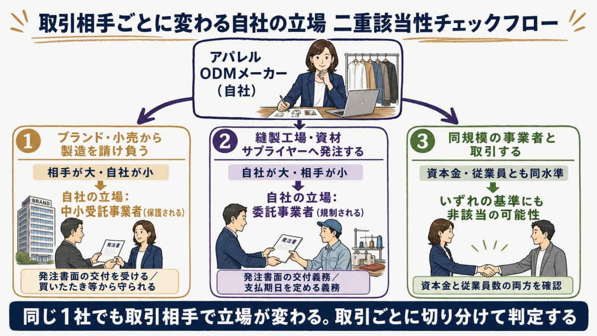 アパレルODMメーカーが取引相手ごとに中小受託事業者か委託事業者かを判定する二重該当性チェックフローのイラスト