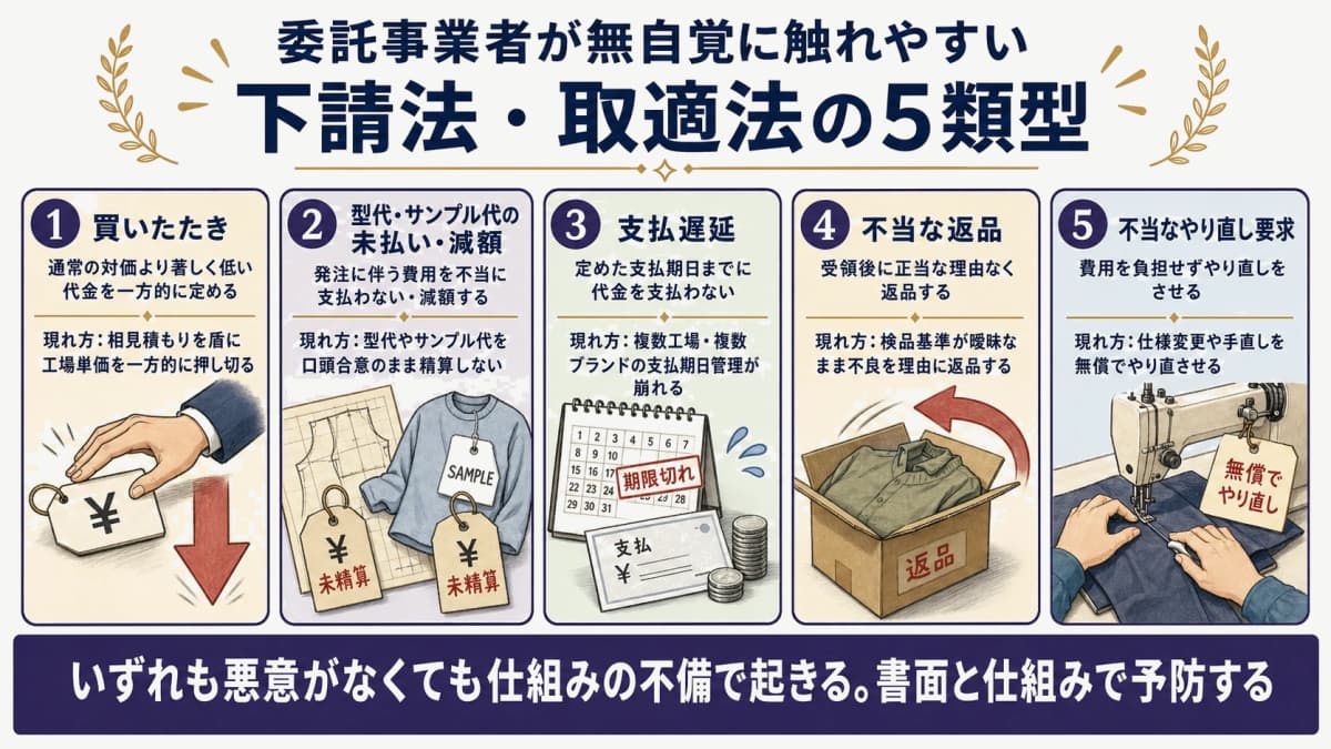 アパレル受託で違反しやすい下請法・取適法の5類型を買いたたき・型代未払い・支払遅延・不当返品・不当なやり直しの観点で示したイラスト