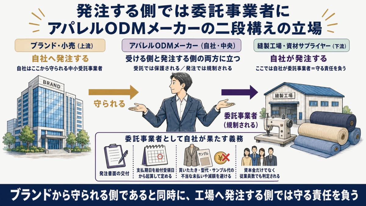 アパレルODMメーカーが縫製工場や資材サプライヤーへ発注する側では委託事業者として規制対象になることを示したイラスト
