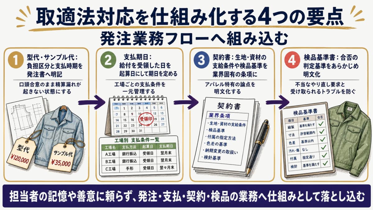 型代・支払期日・契約書・検品基準の4点を発注業務フローへ組み込んで取適法対応を仕組み化するイメージのイラスト