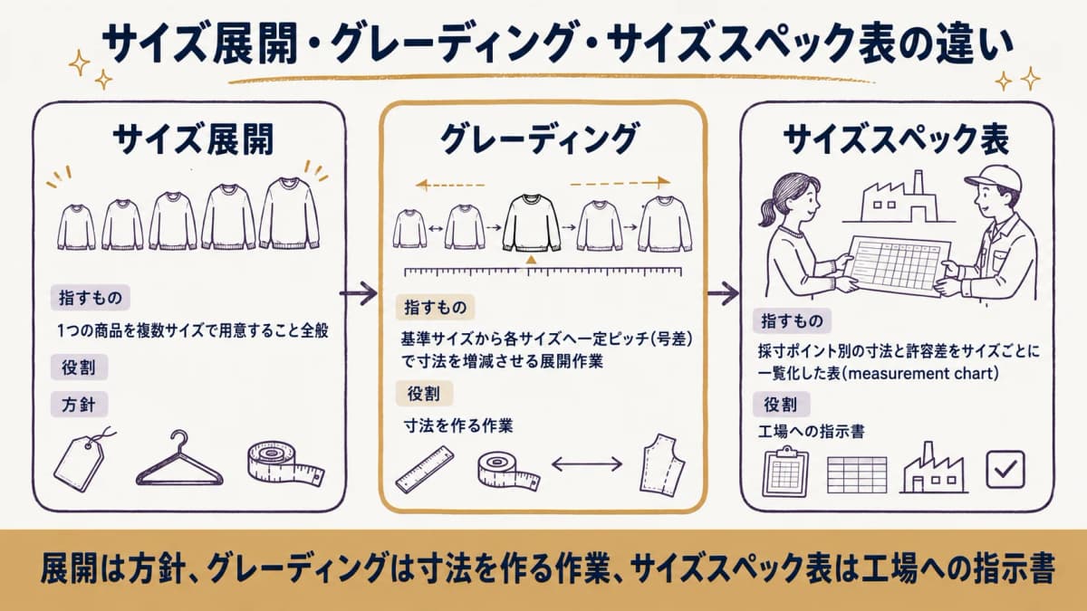 サイズ展開・グレーディング・サイズスペック表の3用語の関係を、基準サイズから各サイズへの寸法展開として示した図