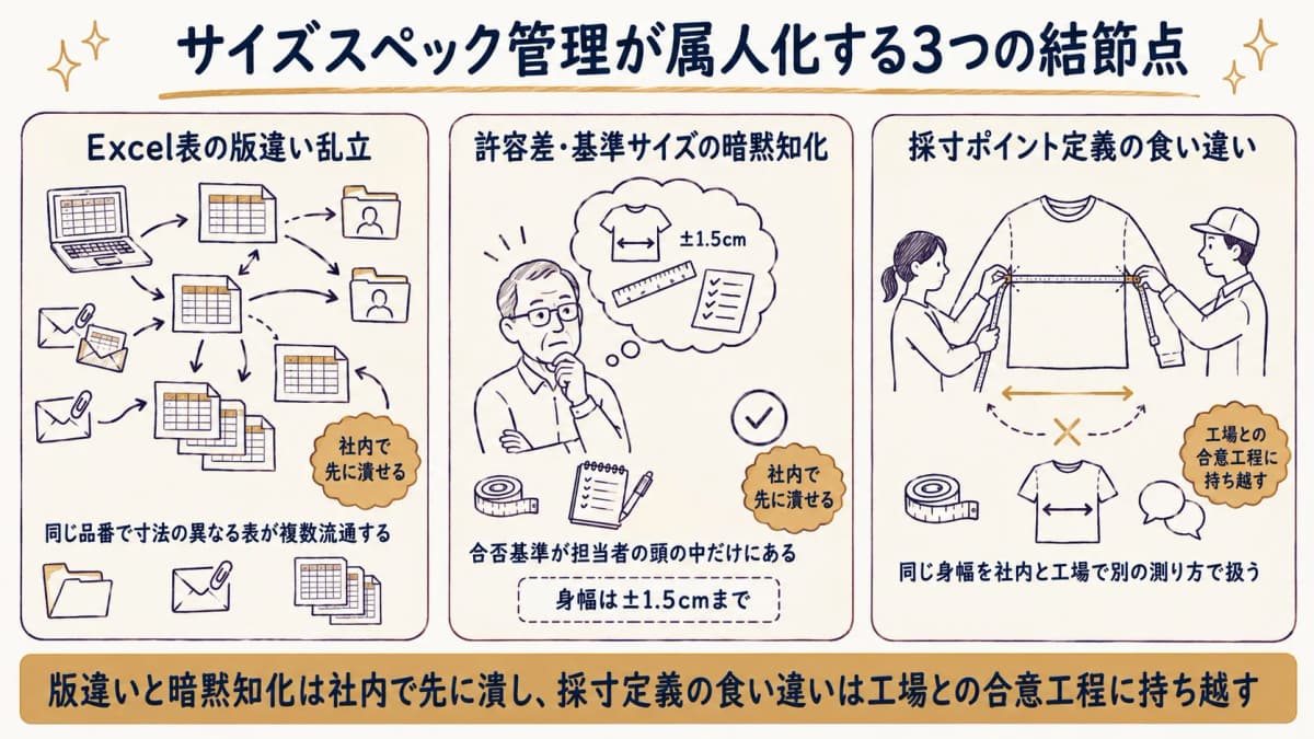 サイズスペック管理が属人化する3つの結節点(版違い・暗黙知化・採寸定義の食い違い)を分解した図