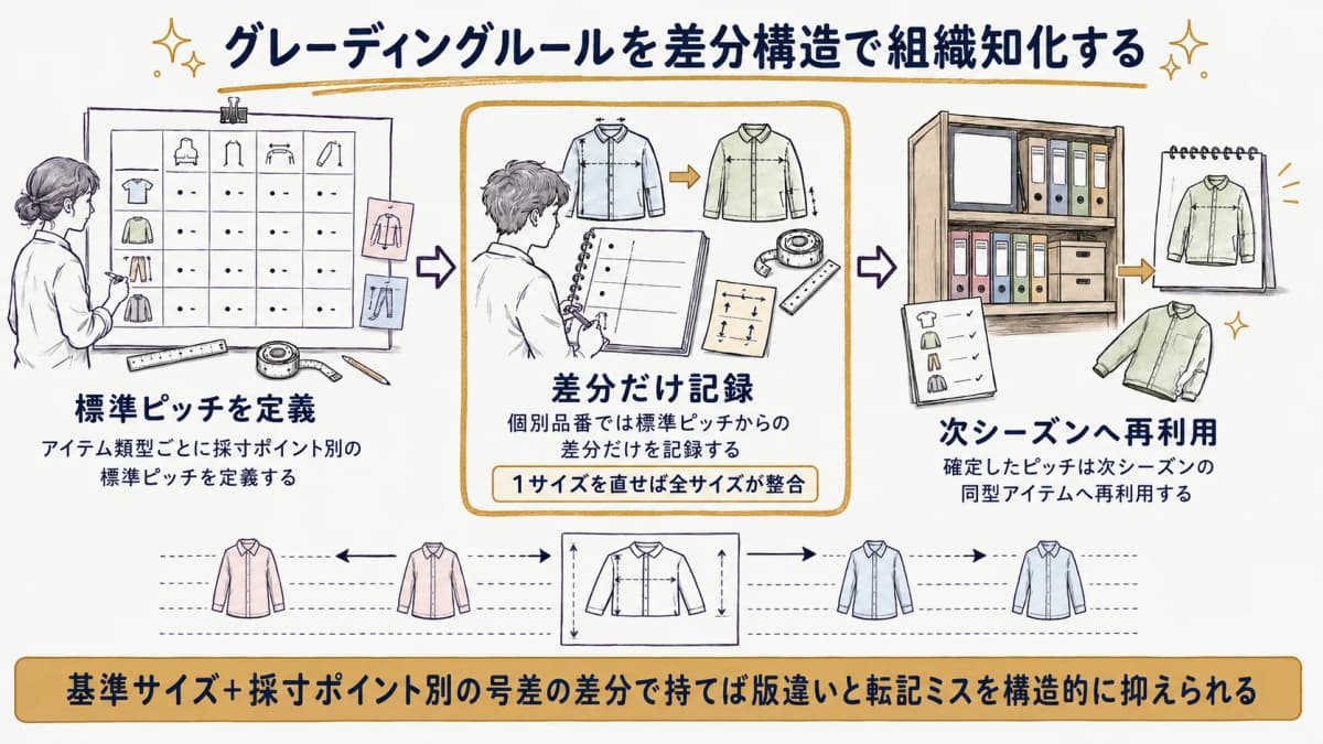 基準サイズからの寸法差分としてグレーディングピッチを管理し、アイテム別に再利用する流れを示した図