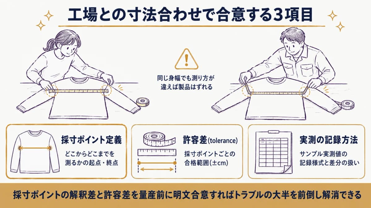 同じ身幅でも社内と工場で測り方が異なる例と、採寸ポイント定義をすり合わせる重要性を示した図
