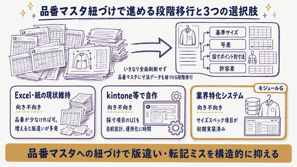 Excel・紙のサイズスペック運用を、品番マスタへの紐づけによって段階的に仕組み化する移行ステップの図