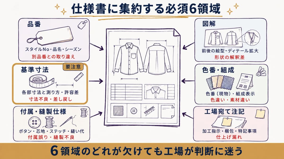 縫製仕様書(指図書)が品番から工場宛て注記までの6領域を1枚に集約する役割を示した図