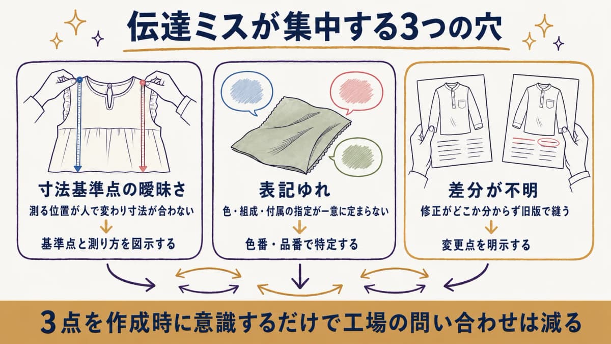 仕様書の伝達ミスが寸法・表記ゆれ・差分の3結節点に集中することを示した図
