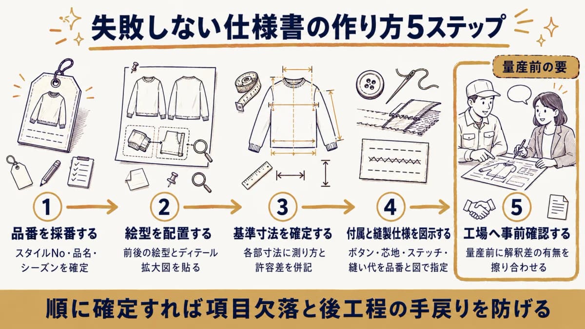 仕様書を品番採番から工場確認まで5ステップで作る流れを示したフロー図