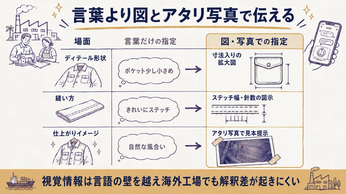 図とアタリ写真で工場の解釈差を消し、海外・小ロットの伝達精度を上げる方法を示した図