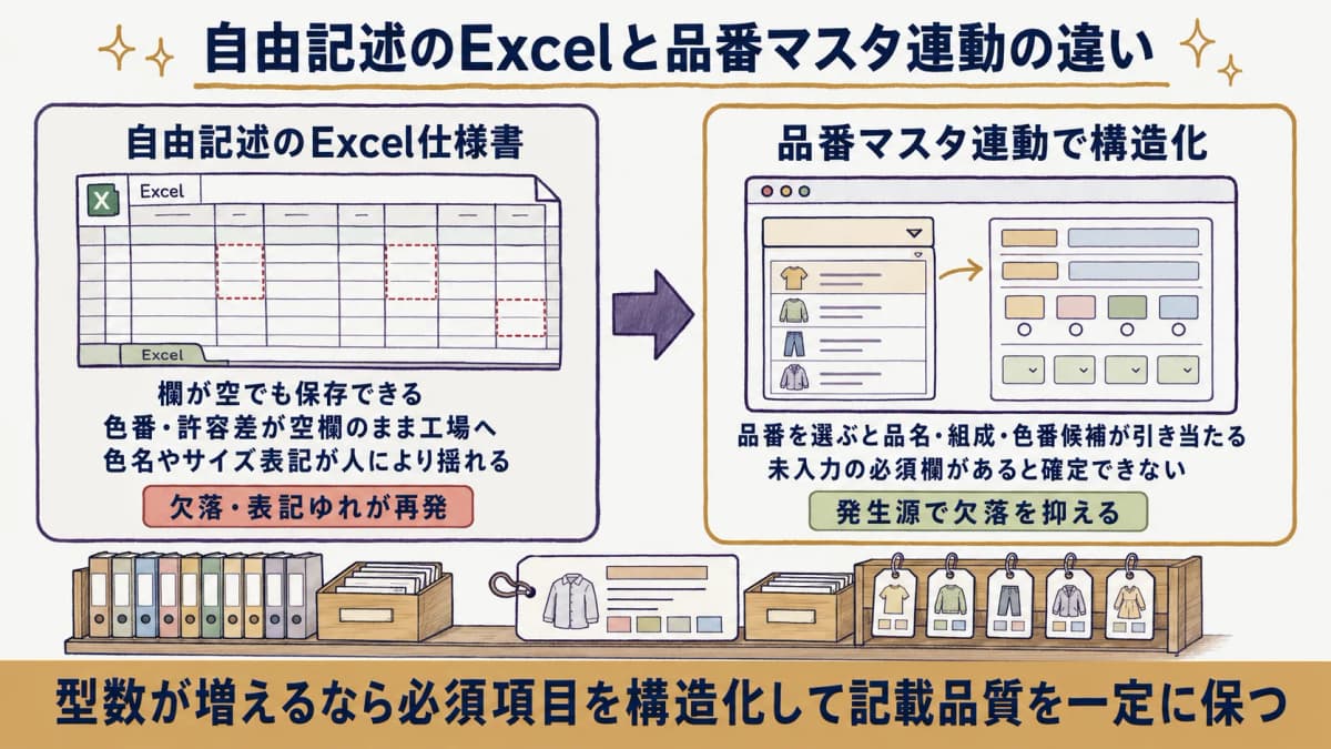自由記述のExcel仕様書が欠落・表記ゆれを再発させ、品番マスタ連動で構造化する違いを示した図
