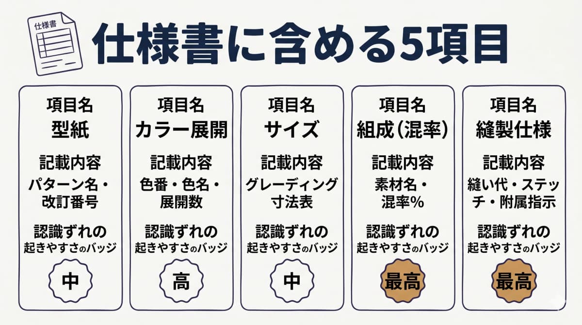 仕様書に含める5項目(型紙・カラー展開・サイズ・組成・縫製仕様)を整理した一覧図