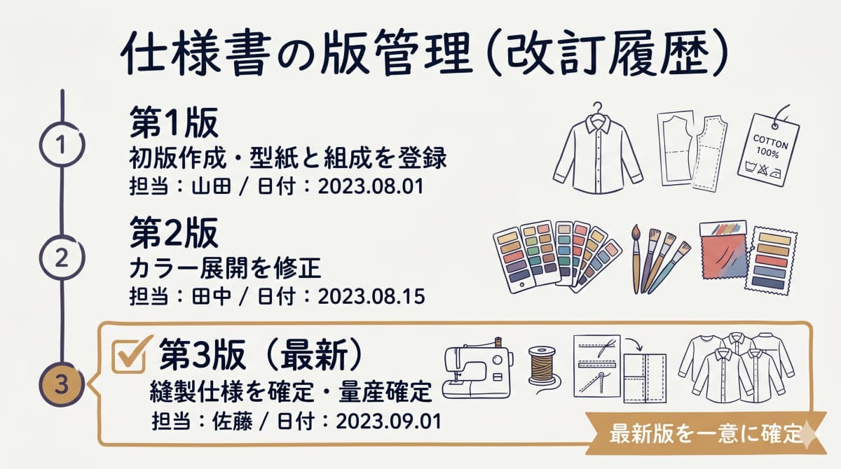 仕様書の版管理による改訂履歴(誰がいつどこを変更したか)を時系列で示すバージョン管理の図解
