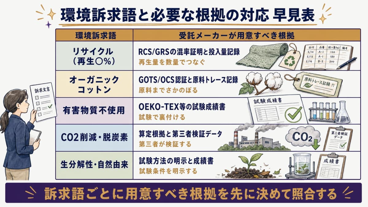 環境訴求語と必要な根拠の対応を示す早見表のイラスト