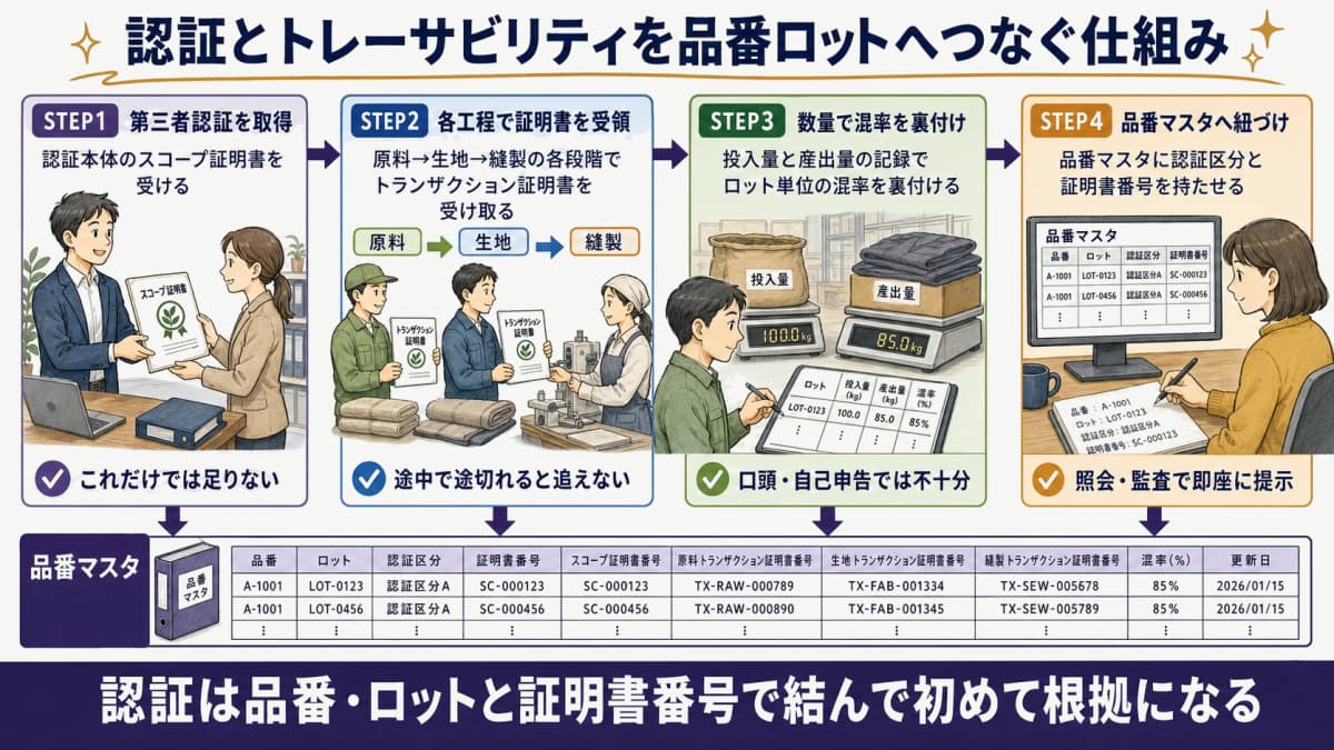 認証とトレーサビリティ記録が品番ロットにつながる仕組みのイラスト