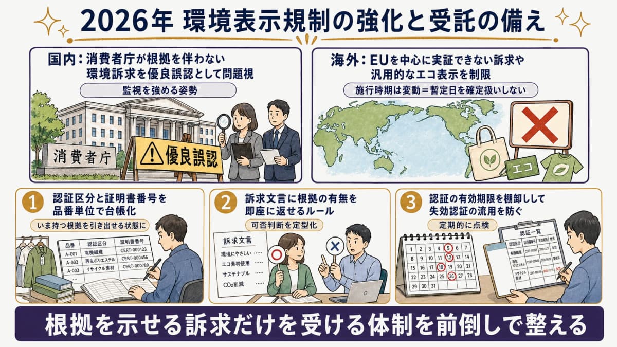 2026年に向けた環境表示規制の強化方向と受託の備えを示すイラスト