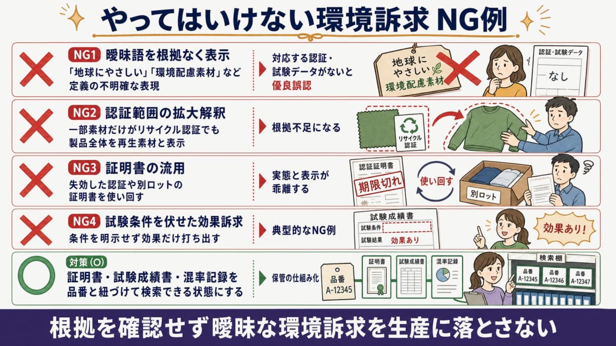 受託メーカーが避けるべき環境訴求のNG例と、証明書を品番に紐づける根拠管理を示すイラスト
