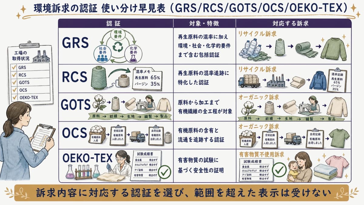 環境訴求に使う認証(GRS・RCS・GOTS・OCS・OEKO-TEX)の対象と特徴の違いを受託視点で整理した早見表のイラスト