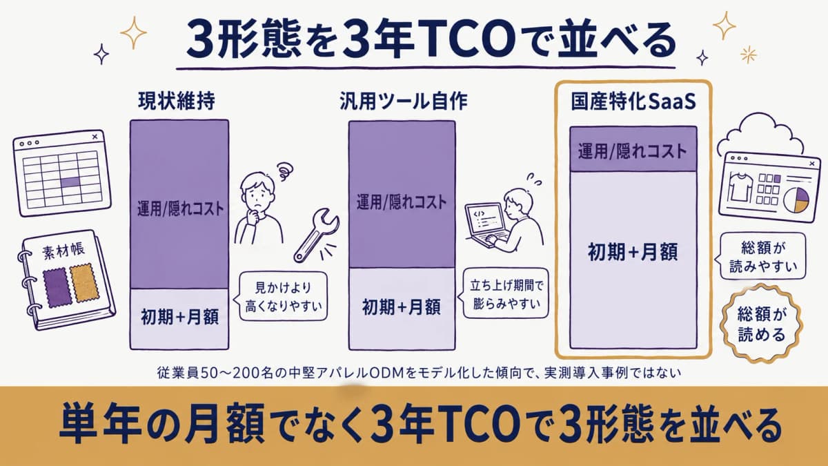 現状維持・汎用自作・国産特化SaaSの3形態を3年TCOで並べて比較する考え方を示した図