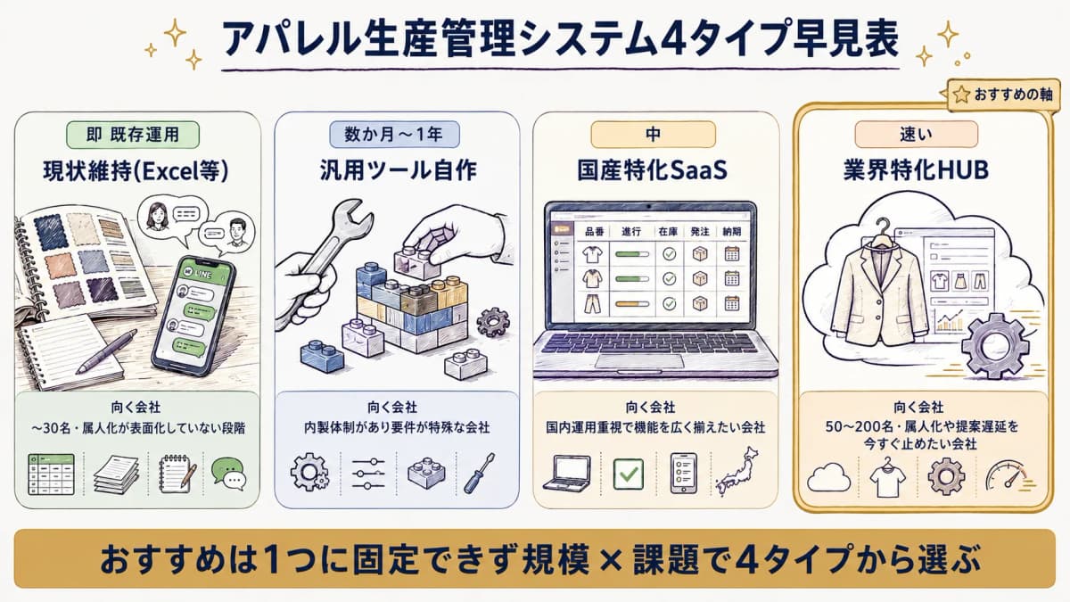 アパレル生産管理システムの選択肢を現状維持・自作・国産特化・業界特化HUBの4タイプに整理した早見表の図