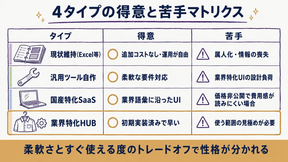 4タイプの生産管理システムの得意分野と苦手分野を対比したマトリクス図