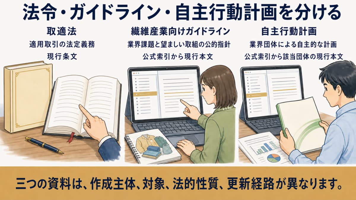 法令・業界ガイドライン・自主行動計画の位置づけと確認先を分ける図