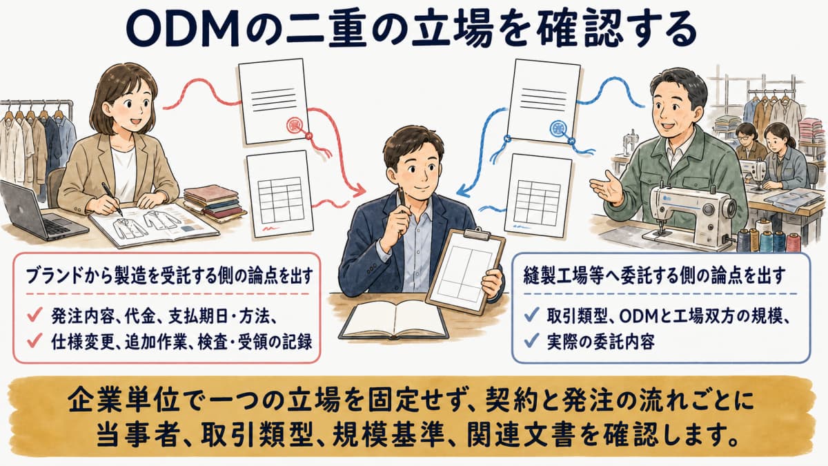 ブランド受託側と工場委託側で当事者・条件・証跡を分ける図