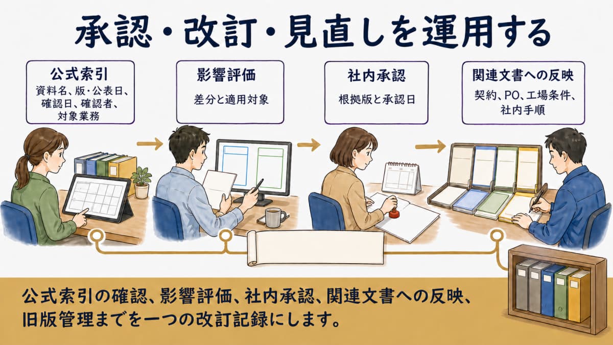 公式資料の改定から社内版・契約・PO・工場条件を更新する図