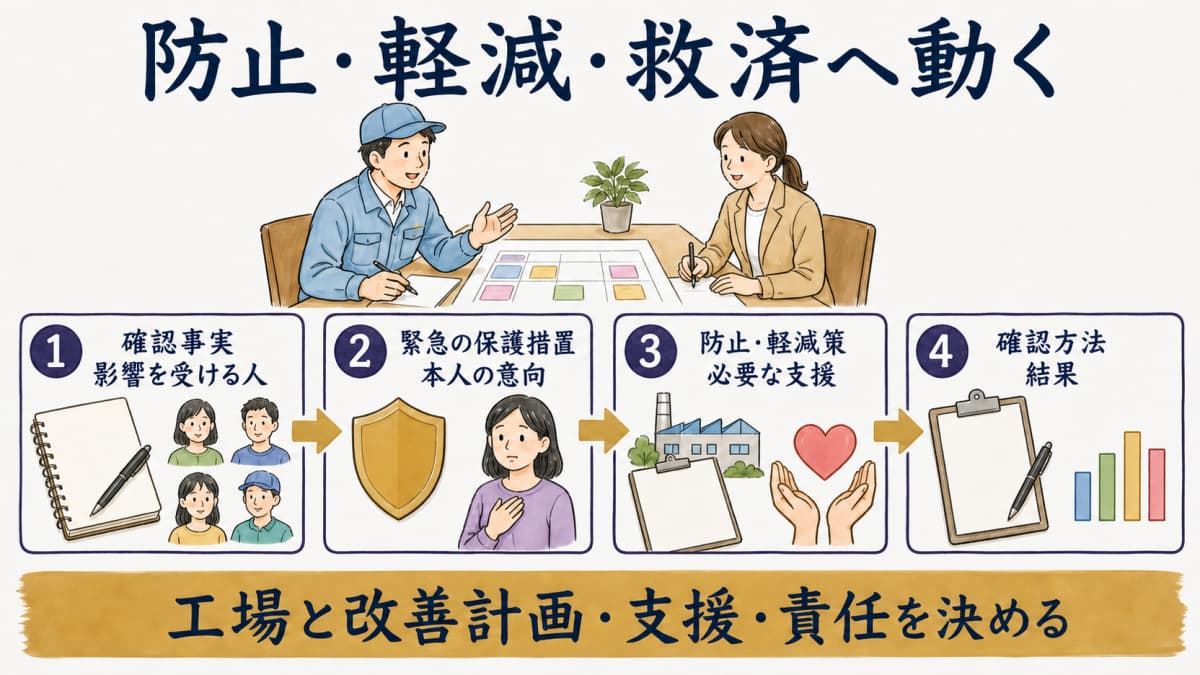 防止・軽減・救済の役割と進捗を示す図