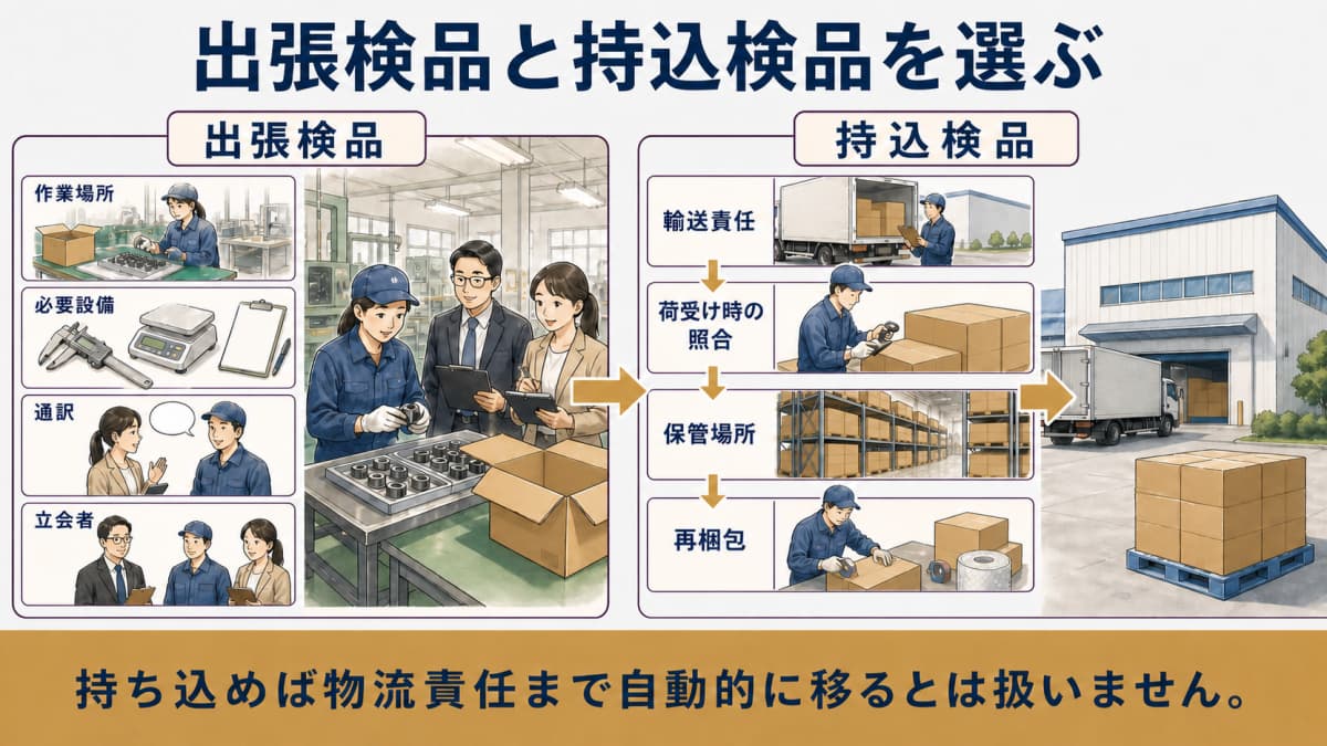 出張検品と持込検品の受渡しを比べる図