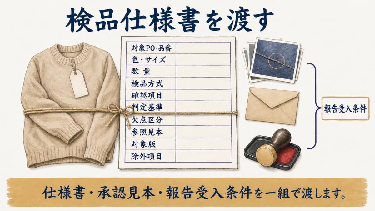承認見本と検品仕様書を一組で渡す図