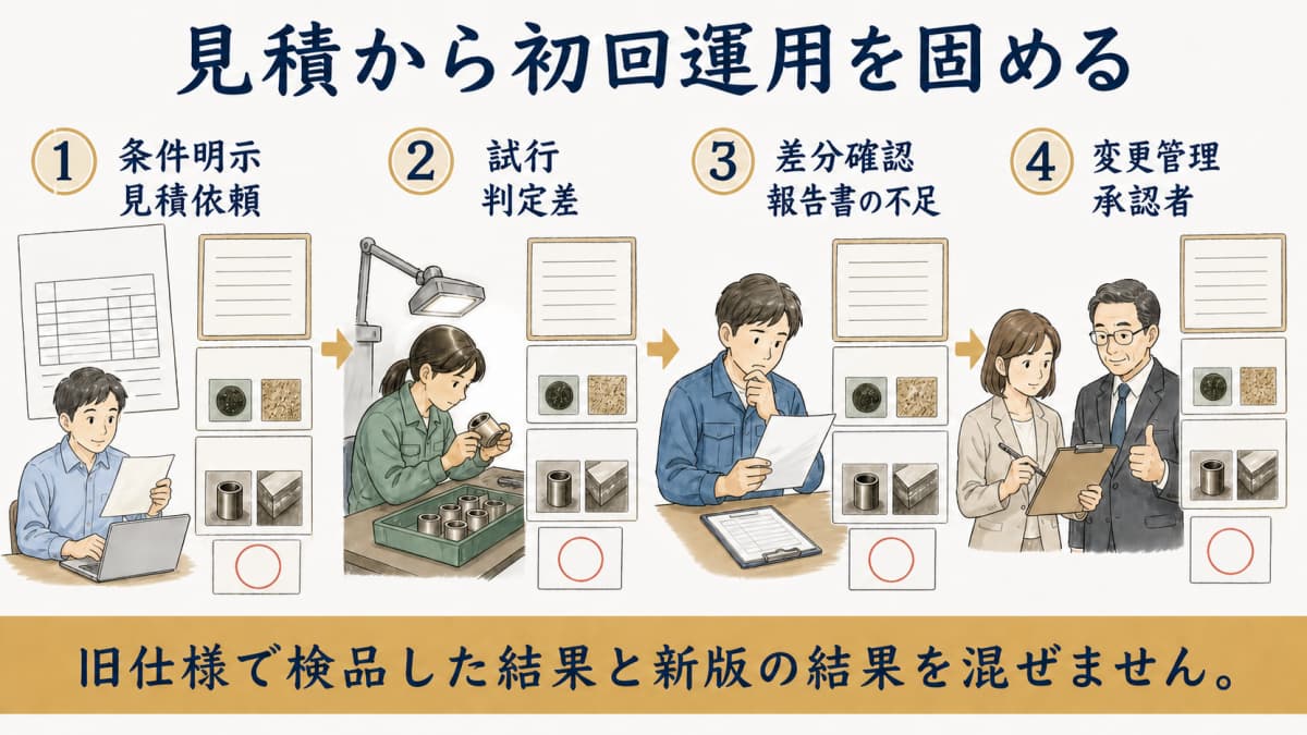 見積・初回試行・変更管理の流れを示す図