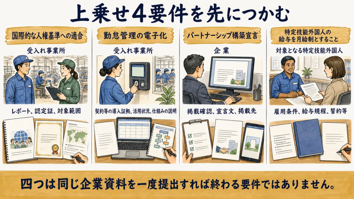 繊維業の上乗せ4要件を確認単位・証跡・担当で分ける図