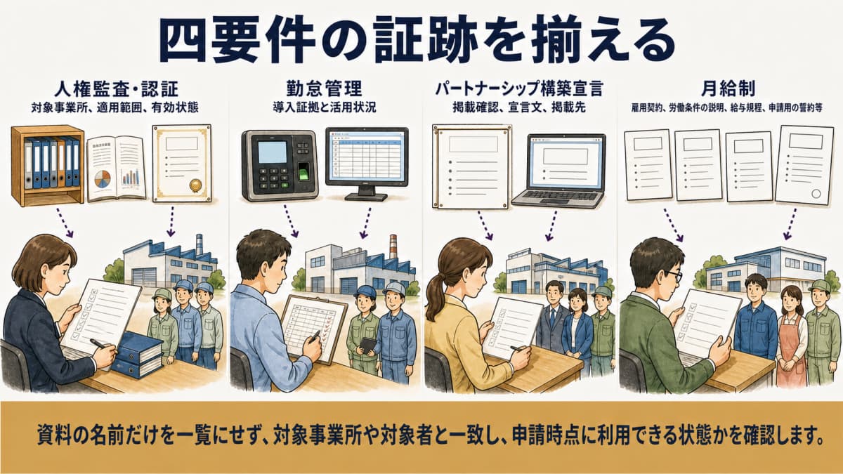 人権監査・勤怠電子化・宣言・月給制の証跡を揃える図