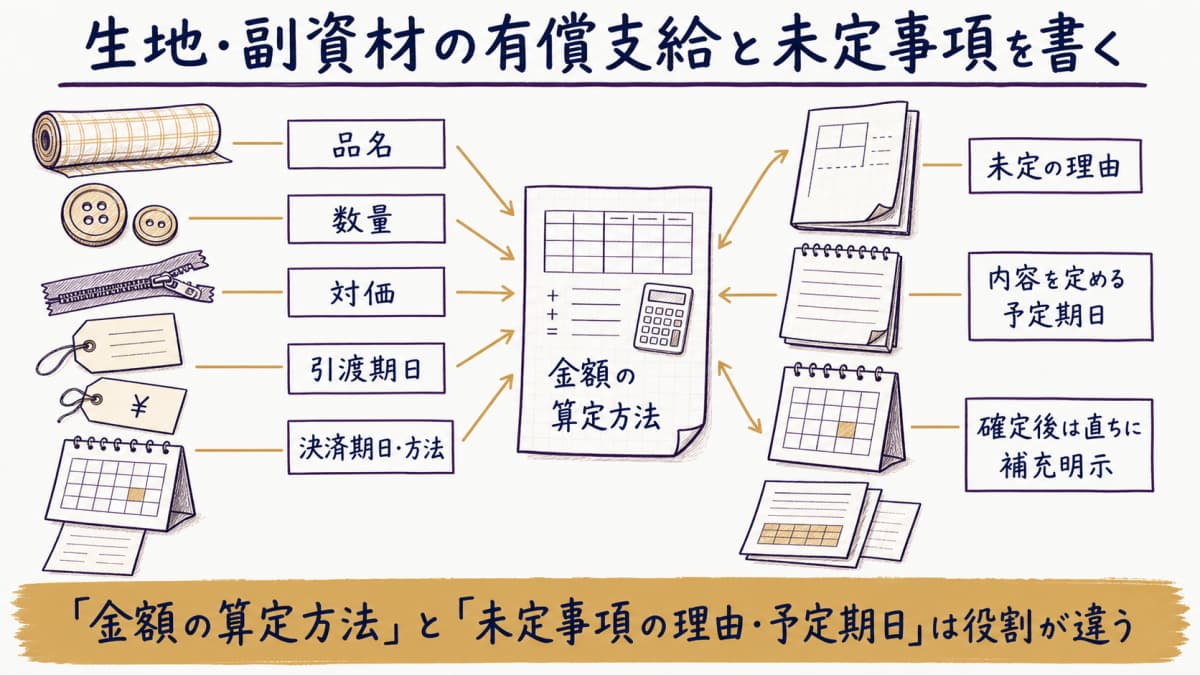 有償支給の6項目と未定事項の補充明示フロー