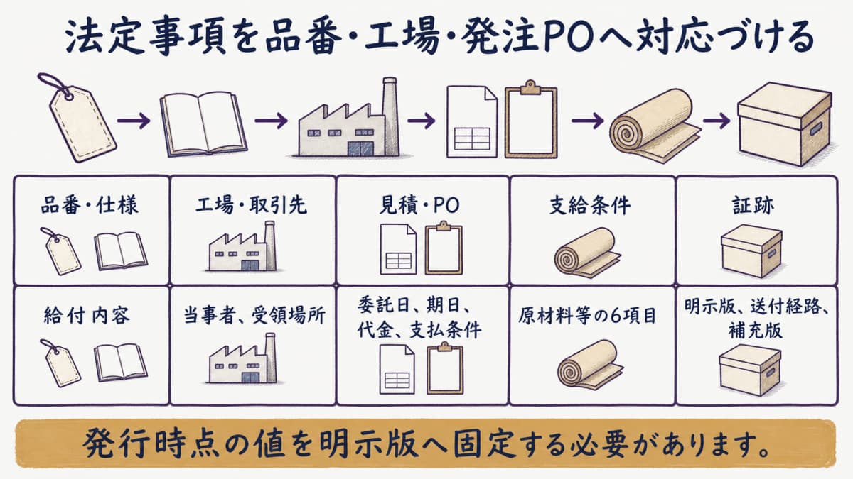 法定8群を品番・工場・PO・証跡へ対応づける図