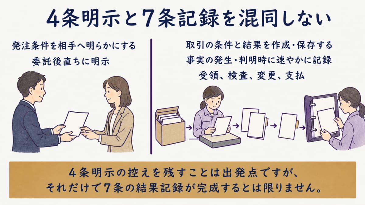 取適法4条明示と7条記録の目的・時点の比較