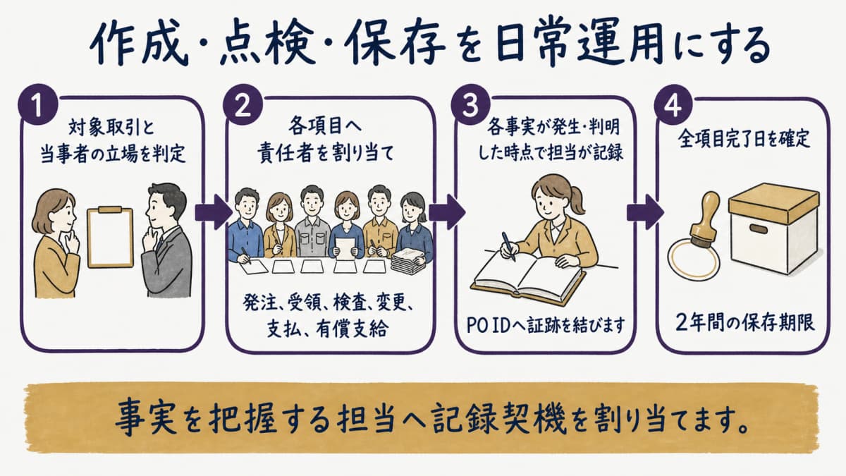 取適法7条記録を担当部門が追記し2年保存する手順