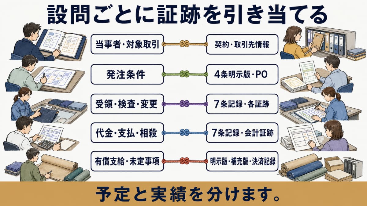 調査設問へ4条明示と7条実績記録を引き当てる対応表