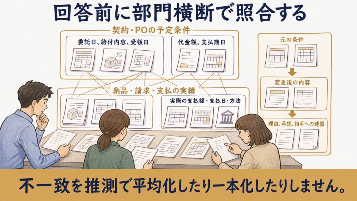 契約・PO・納品・請求・支払を部門横断で照合する図