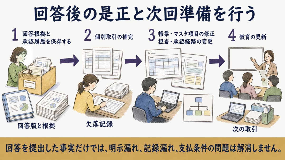回答根拠の保存から欠落記録・運用・教育の是正までの流れ