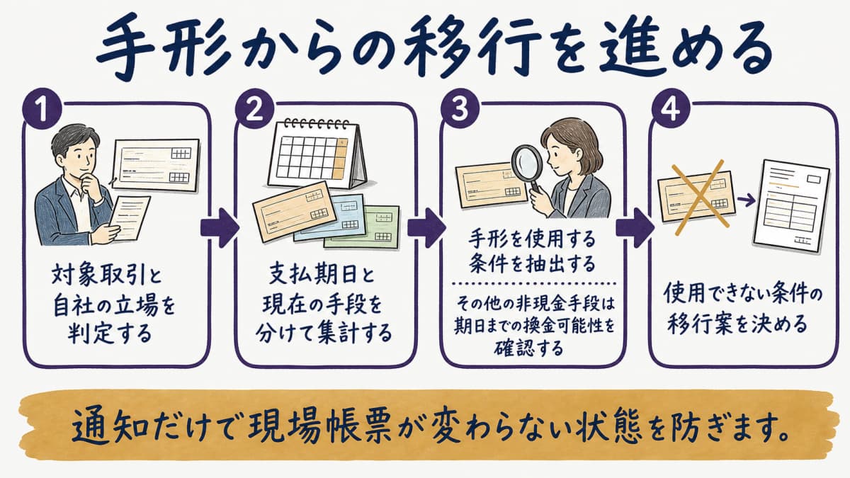 支払手段の棚卸しから通知・工場マスタ更新までの移行手順