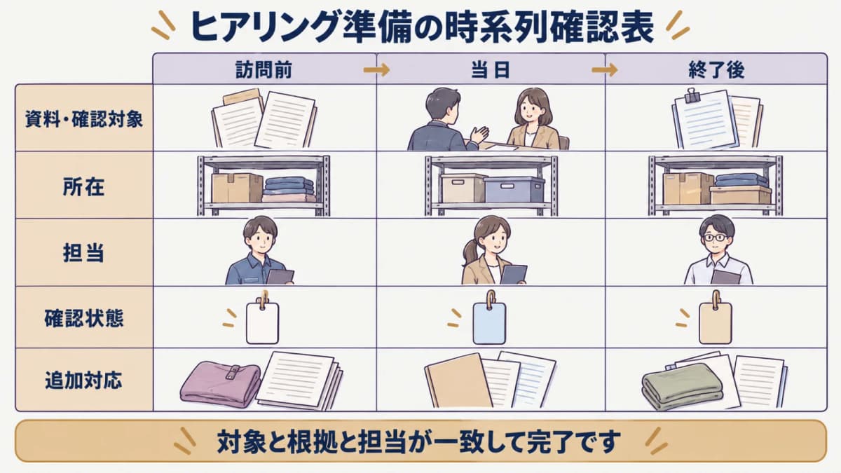 取引Gメン訪問の前後で資料所在と担当と確認状態を一覧にする図解