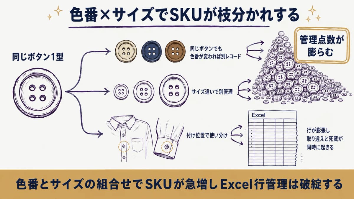 色番とサイズの組合せで副資材のSKUが枝分かれし管理点数が膨らむ様子を示した図