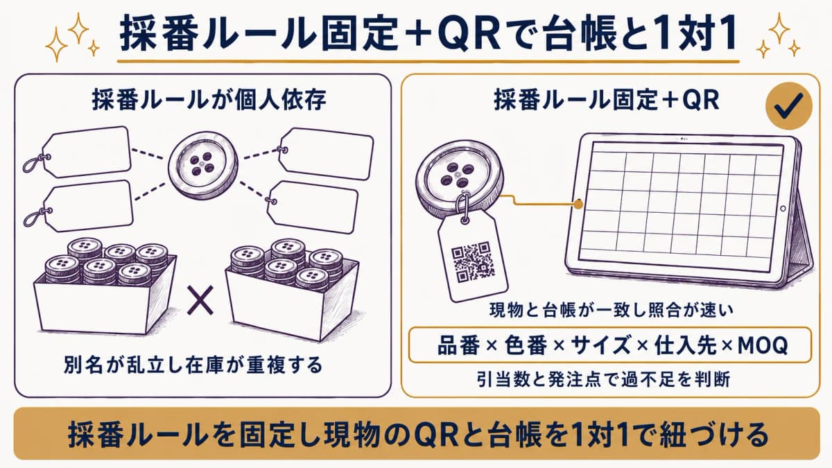 採番ルールを固定し現物のQRと台帳を1対1で紐づける副資材管理の仕組み図