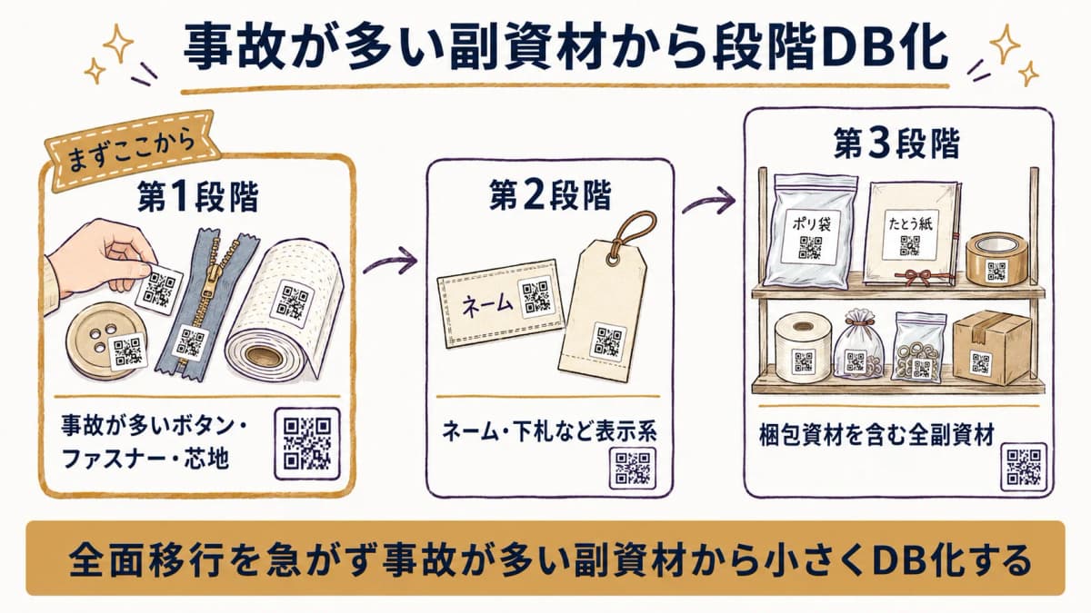 事故が多い副資材から段階的にQR台帳へ移行する小さく始めるステップ図