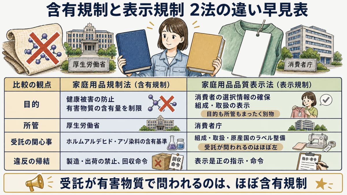 含有規制と表示規制の2法を対比する早見表のイラスト