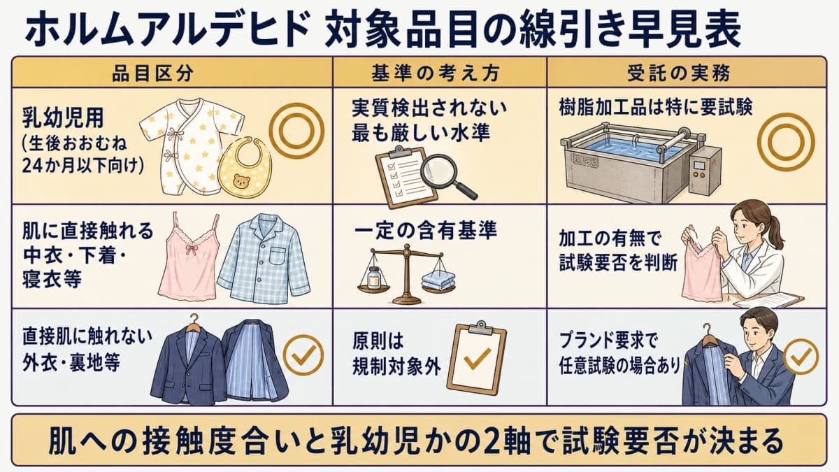 ホルムアルデヒド規制の対象品目と線引きを示す図解イラスト